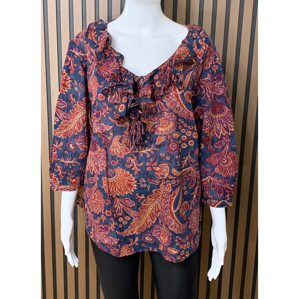 Lauren Ralph Lauren 2X Blue Red Paisley Ruffle V-Neck Cotton Blouse 3/4 Sleeve